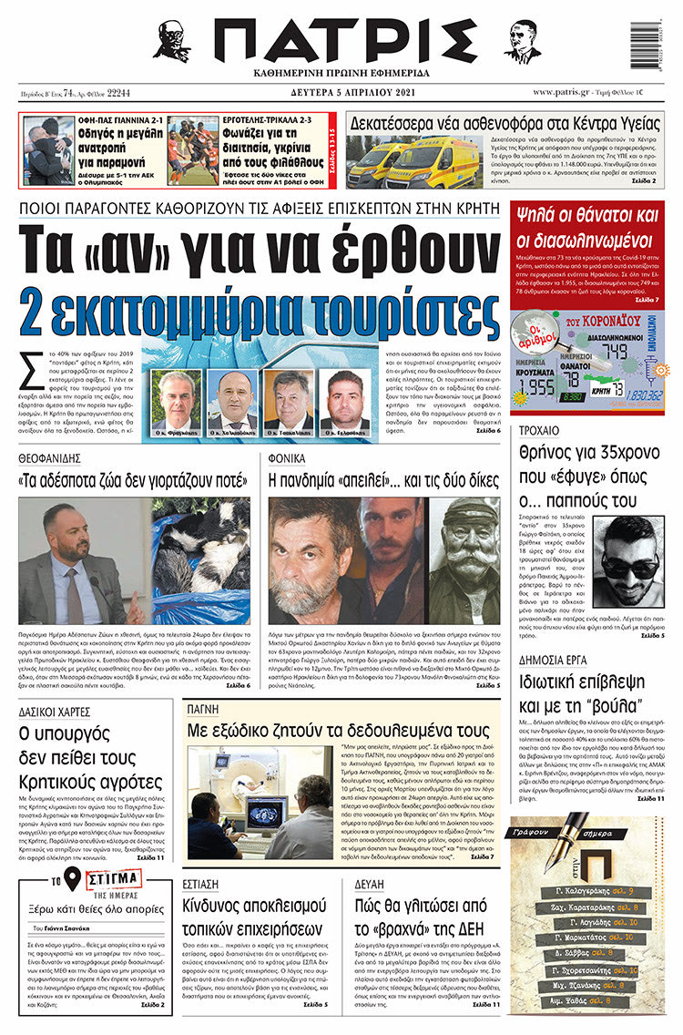 Πρωτοσέλιδο ΠΑΤΡΙΣ 5/4/2021