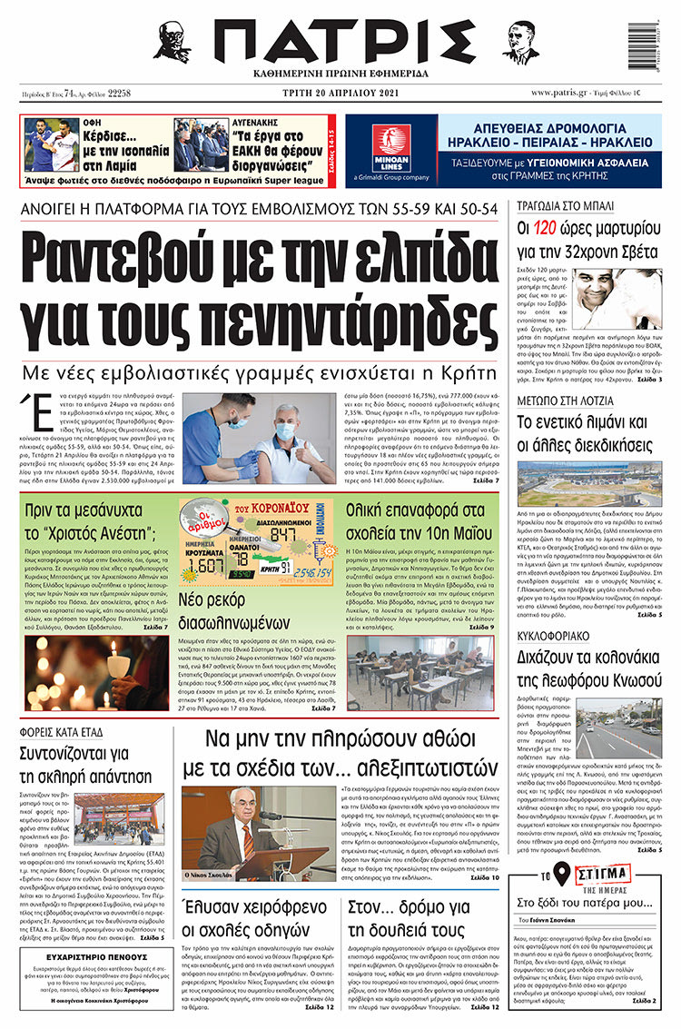 Πρωτοσέλιδο ΠΑΤΡΙΣ 20/4/2021