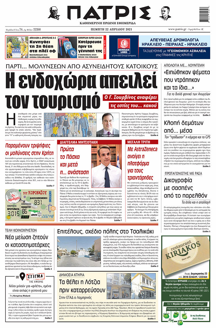 Πρωτοσέλιδο ΠΑΤΡΙΣ 22/4/2021