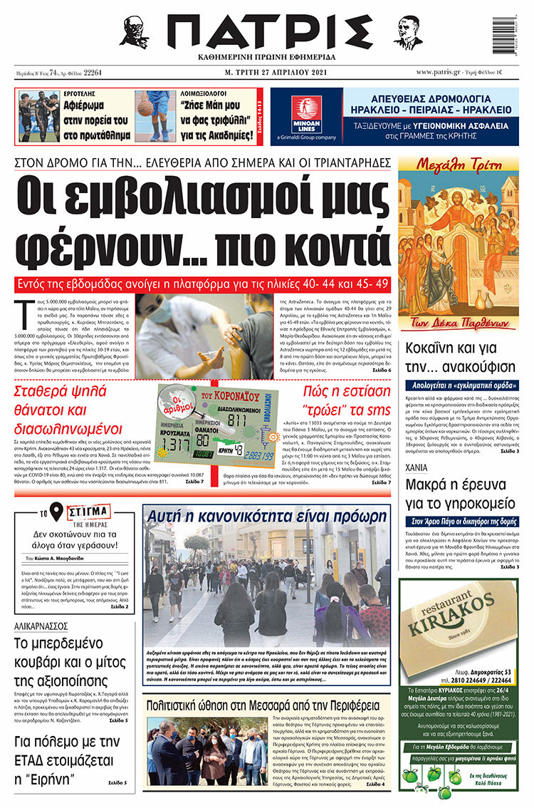 Πρωτοσέλιδο ΠΑΤΡΙΣ 27/4/2021