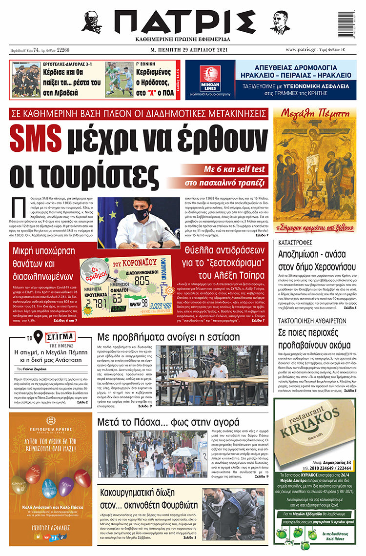 Πρωτοσέλιδο ΠΑΤΡΙΣ 29/4/2021