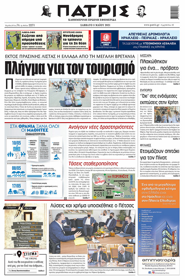 Πρωτοσέλιδο ΠΑΤΡΙΣ 8/5/2021