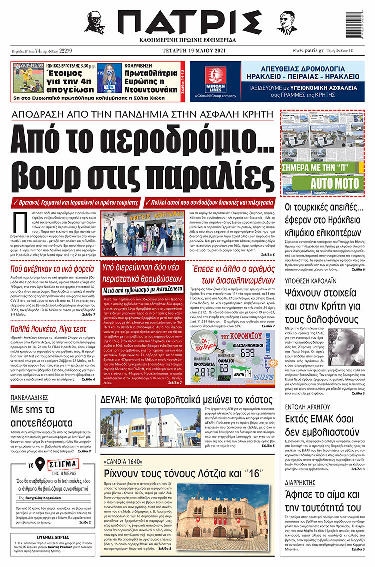 Πρωτοσέλιδο ΠΑΤΡΙΣ 19/5/2021