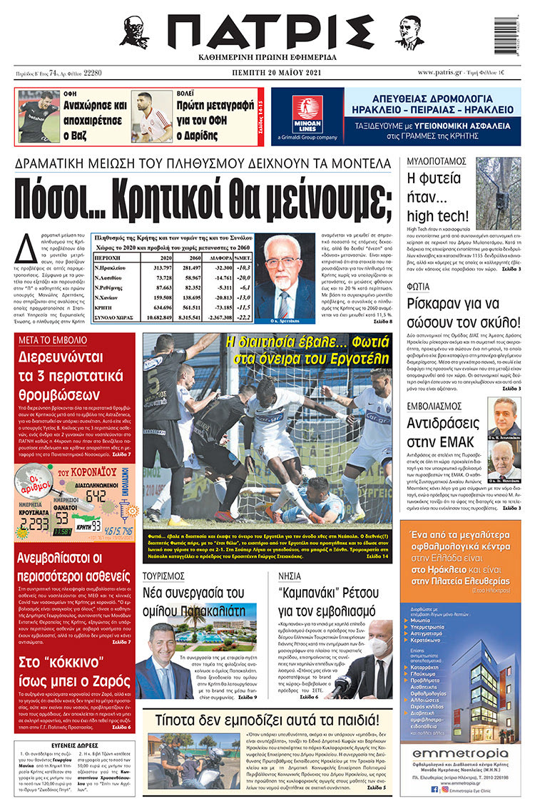 Πρωτοσέλιδο ΠΑΤΡΙΣ 20/5/2021