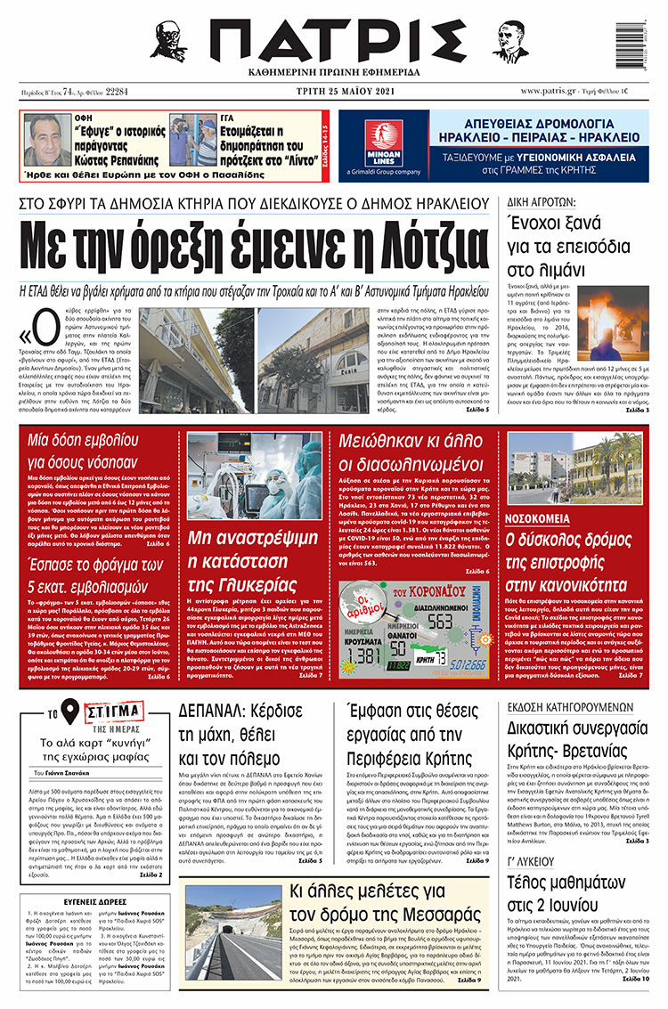 Πρωτοσέλιδο ΠΑΤΡΙΣ 25/5/2021