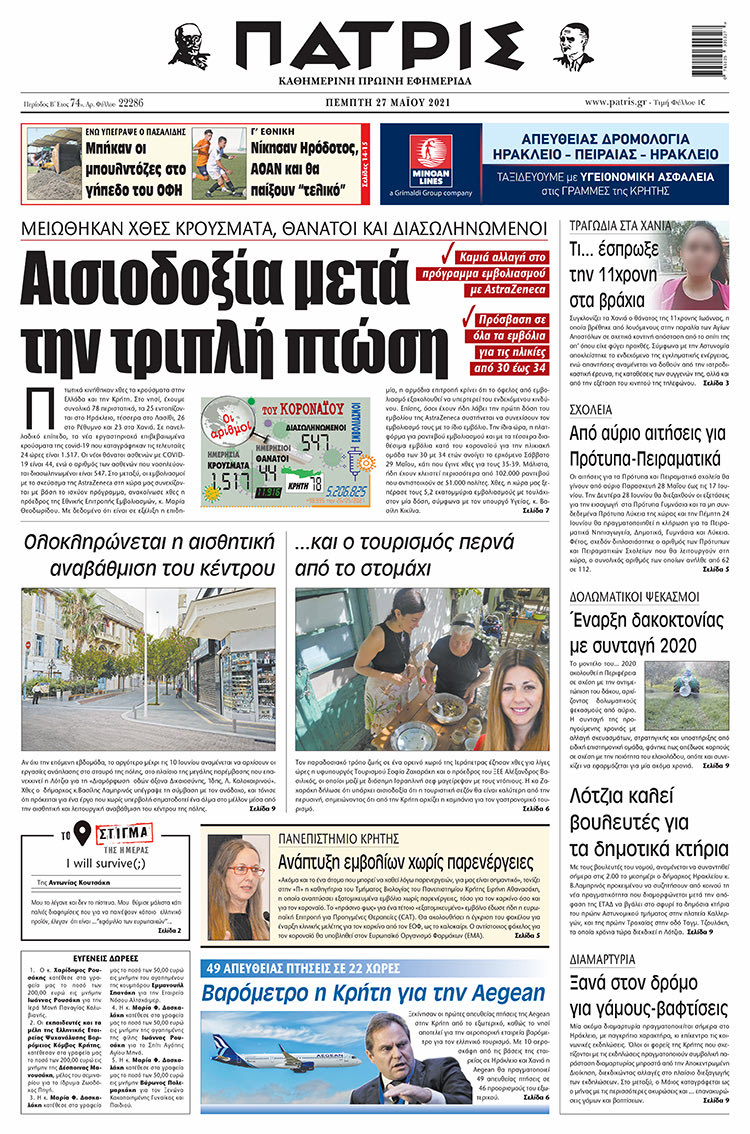 Πρωτοσέλιδο ΠΑΤΡΙΣ 27/5/2021