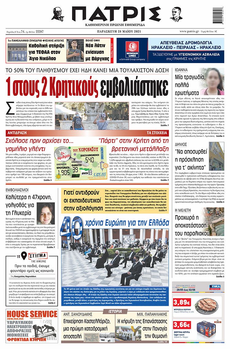 Πρωτοσέλιδο ΠΑΤΡΙΣ 28/5/2021