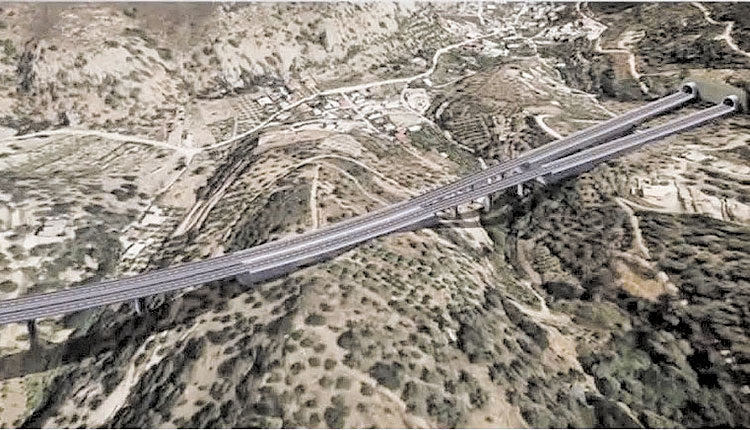 Φωτορεαλιστικό σχέδιο της νέας  χάραξη  του ΒΟΑΚ νότια του οικισμού Παλαιοκάστρου  όπου σχεδιάζεται η κατασκευή τεσσάρων  δίδυμων κοιλαδογεφυρών