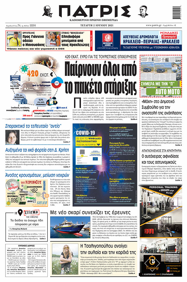 Πρωτοσέλιδο ΠΑΤΡΙΣ 2/6/2021