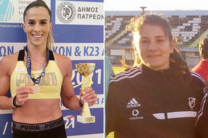 Η Βασιλείου με το κύπελλο της πρώτης θέσης και η Μανιού που ήρθε τρίτη στο ακόντιο