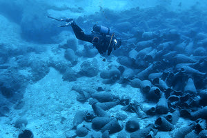 Άποψη φορτίου ναυαγίου με αμφορείς του 2ου μ.Χ. αιώνα