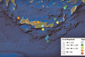 Ο χάρτης με τους ισχυρούς σεισμούς με μέγεθος πάνω από 5 ρίχτερ στην ευρύτερη περιοχή της Κρήτης τα τελευταία δύο χρόνια. Οι τρεις πιο ισχυροί σεισμοί που έγιναν το 2019 και το 2020 με μεγέθη 6,1 και 6,0 και 5,9 Ρίχτερ είχαν επίκεντρα σε θαλάσσιο χώρο. όπως και τα τελευταία 6,3 ρίχτερ που δεν συσχετίζονται με τα πρόσφατα 5,8 ρίχτερ που έγιναν στο Αρκαλοχώρι