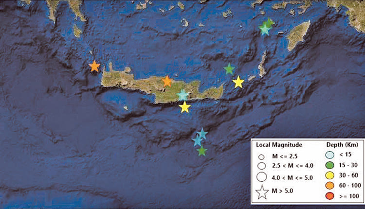 Ο χάρτης με τους ισχυρούς σεισμούς με μέγεθος πάνω από 5 ρίχτερ στην ευρύτερη περιοχή της Κρήτης τα τελευταία δύο χρόνια. Οι τρεις πιο ισχυροί σεισμοί που έγιναν το 2019 και το 2020 με μεγέθη 6,1 και 6,0 και 5,9 Ρίχτερ είχαν επίκεντρα σε θαλάσσιο χώρο. όπως και τα τελευταία 6,3 ρίχτερ που δεν συσχετίζονται με τα πρόσφατα 5,8 ρίχτερ που έγιναν στο Αρκαλοχώρι