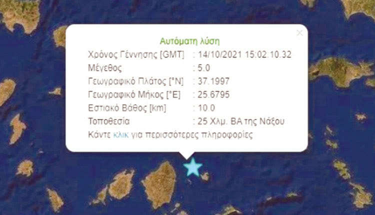 Απέσυρε την εκτίμησή του για σεισμό μεγέθους 5 ρίχτερ στη Νάξο το Γεωδυναμικό Ινστιτούτο, λίγη ώρα μετά την ανάρτηση στην ιστοσελίδα του.