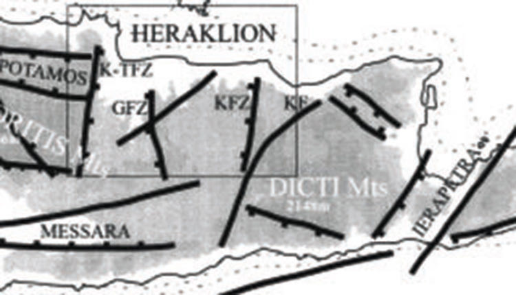 Τα ρήγματα της περιοχής. Το ρήγμα του Γιούχτα απεικονίζεται ως GFZ