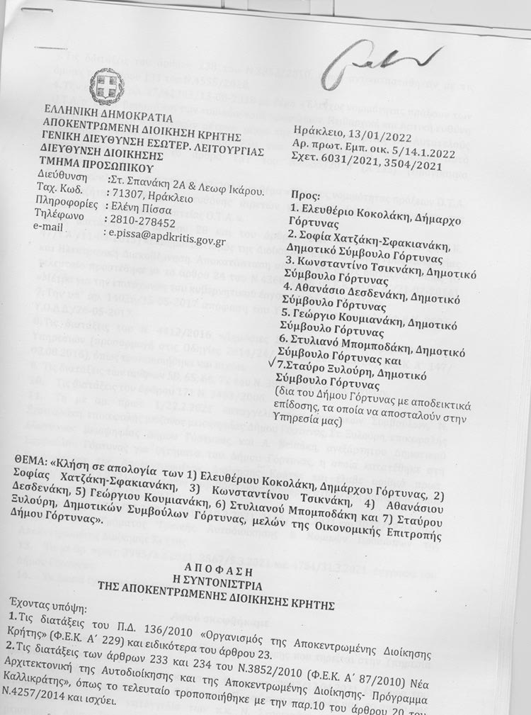 Η απόφαση της Αποκεντρωμένης για την κλήση σε απολογίες