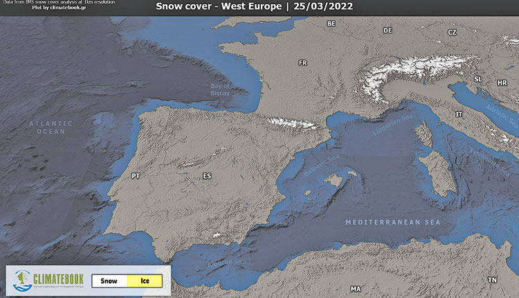 η έκταση της χιονοκάλυψης στη Δυτική  & Κεντρική Ευρώπη κατά τα τέλη  Μαρτίου 2022 σύμφωνα με δορυφορικές παρατηρήσεις