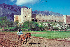 ΦΩΤΟΗΜΕΡΑΣ: Φραγκοκάστελλο. Ενετικό φρούριο που χτίστηκε στο 2ο μισό του 14ου αιώνα. Μπροστά, ένας αγρότης οργώνει με άλογο, 1965.