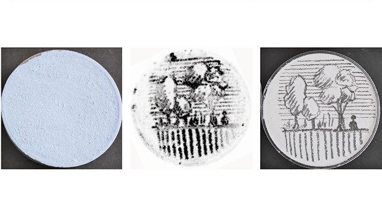 Στην πρώτη εικόνα παρουσιάζεται ένα δείγμα τοιχογραφίας καλυμμένο με μπογιά, ενώ στη δεύτερη βλέπουμε την αποκάλυψη του κρυμμένου σχεδίου μέσω της φωτοακουστικής τεχνικής. Το σχέδιο πριν την επικάλυψη με τη μπογιά φαίνεται στην τρίτη εικόνα.