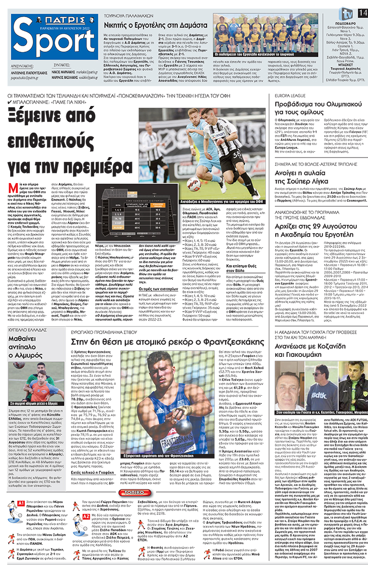 αθλητικό πρωτοσέλιδο 19-8-2022