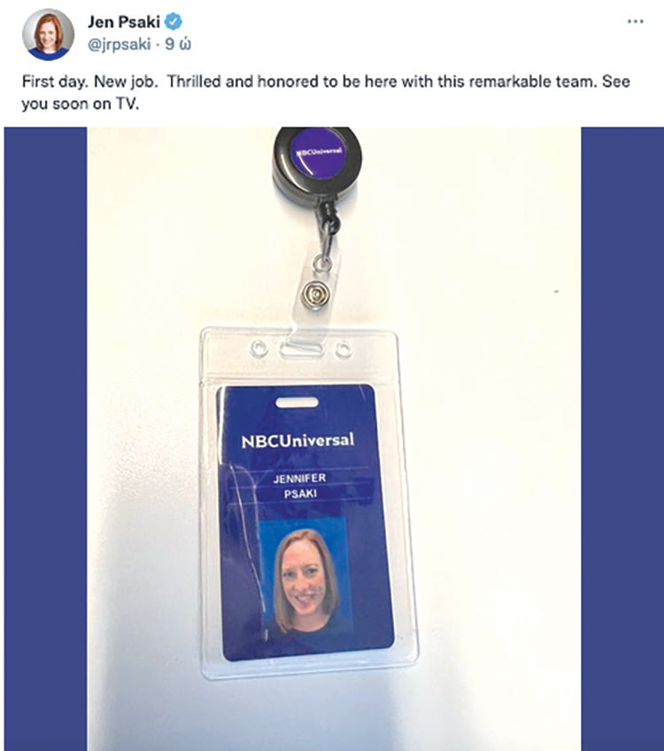 η Τζένη Ψάκι να έφυγε από το επιτελείο και από εκπρόσωπος του Μπάιντεν, αλλά βρήκε καλή δουλειά στο NBC. Με το καλό λοιπόν!