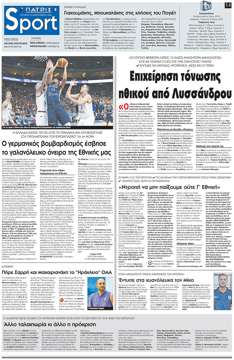 αθλητικό πρωτοσέλιδο 14-09-2022