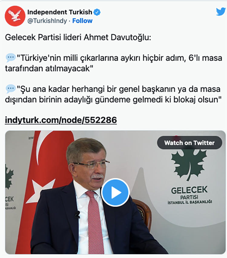 …Παράλληλα, ο πρώην συνεργάτης του Τούρκου προέδρου και πρώην υπουργός Εξωτερικών, Αχμέτ Νταβούτογλου, εξαπέλυσε νέες βολές κατά του Ερντογάν, καταλογίζοντάς του ότι ενώ οι Έλληνες προμηθεύονται αεροπλάνα F-35, αυτός έχει να αντιπαραθέσει μόνο το περιβόητο τραγούδι «Θα ρθούμε ξαφνικά ένα βράδυ». 