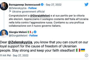 Ο πρόεδρος της Ουκρανίας Βολοντίμιρ Ζελένσκι συνεχάρη την αρχηγό των Αδελφών της Ιταλίας Τζόρτζια Μελόνι για την εκλογική της νίκη στις βουλευτικές εκλογές της Κυριακής.
