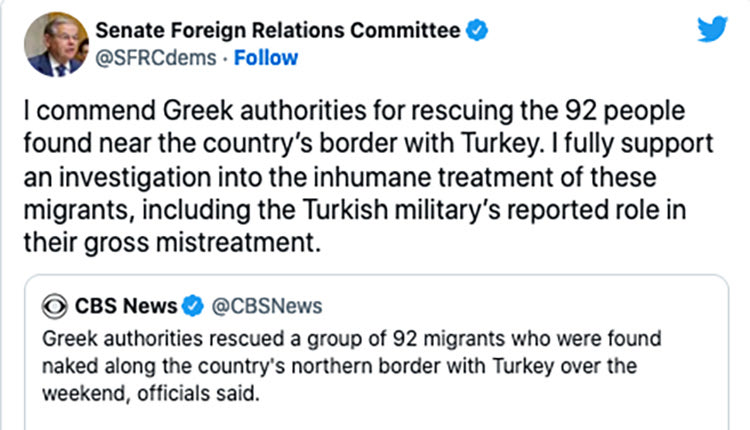Ο Μπομπ Μενέντεζ συνεχάρη την ελληνική κυβέρνηση για τον χειρισμό της υπόθεσης των 92 μεταναστών που βρέθηκαν γυμνοί στον Έβρο