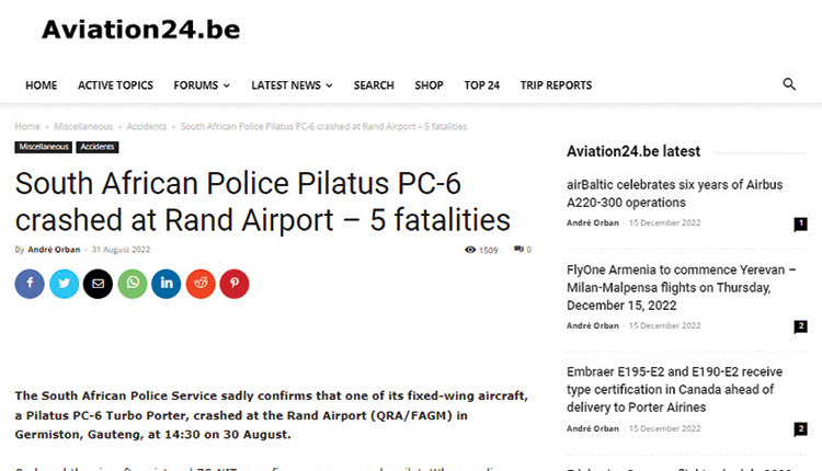 Δημοσίευμα που αναφέρει για την πτώση αεροσκάφους τον Aύγουστο