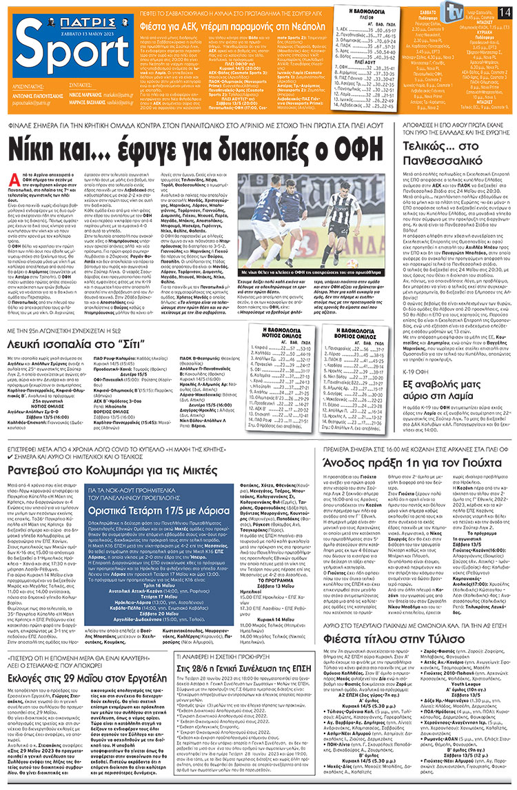 αθλητικό πρωτοσέλιδο 13-05-2023