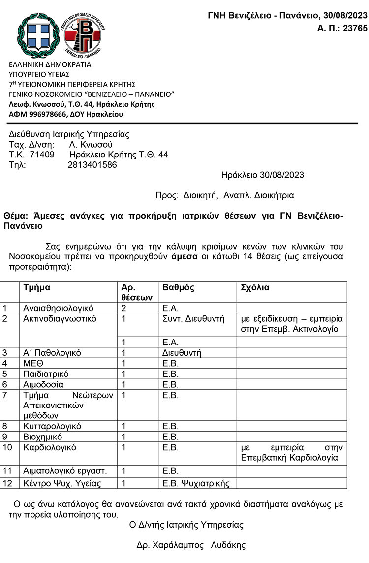Κρίσιμα τμήματα χρειάζονταιεπειγόντως προσωπικό 
