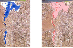 Σχηματική απεικόνιση έκτασης - βάθους και ταχυτήτων ροής πλημμύρας του Ξεροπόταμου με περίοδο επαναφοράς Τ=50 ετών για μη μόνιμη ροή