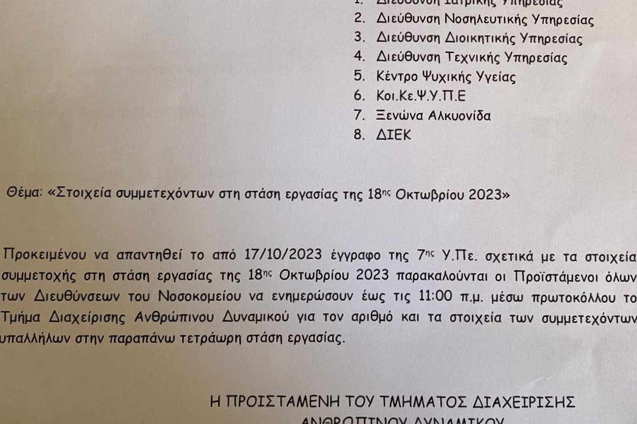 Η υγεία διαλύεται άλλα η διοίκηση της 7η Υπε Κρήτης ζητάει τα ονόματα γιατρών και εργαζομένων που συμμετέχουν στις κινητοποιήσεις για το Βενιζέλειο