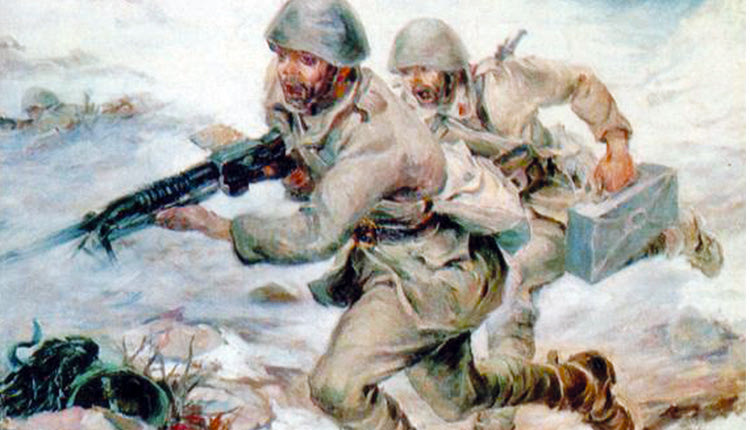 Πολυβολητής με τον γεμιστή του στο μέτωπο του πολέμου. Τις νικηφόρες μάχες του Ελληνικού στρατού, ζωγράφισε ο σπουδαίος ζωγράφος  Αλέξανδρος Αλεξανδράκης που πήρε μέρος κι αυτός στον πόλεμο ως στρατιώτης. 
