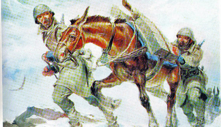 Ο ζωγράφος Αλέξανδρος Αλεξανδράκης πήρε μέρος στις μάχες με τους Ιταλούς φασίστες στα βουνά της Αλβανίας. Σε ώρες ξεκούρασης και στην ανάπαυλα της μάχης, ζωγράφιζε με το πενάκι του σκηνές από την εποποιία του’40. Στο παραπάνω σκίτσο του Αλεξανδράκη, η μεταφορά των εφοδίων στους Έλληνες στρατιώτες της πρώτης γραμμής
