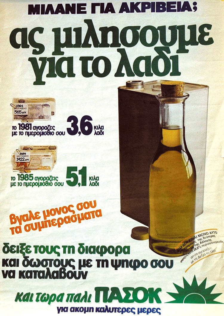 Πάντα το λάδι ήταν θέμα συζήτησης και διαφήμισης. Σχεδόν 40 χρόνια πριν το ΠΑΣΟΚ διαφήμιζε τις διαφορές στις τιμές. Συγκρίνετε με το σήμερα!