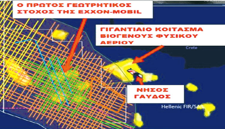 Εικόνα 2. Οι σαρώσεις από την νορβηγική εταιρεία PGS, όπου το κόκκινο τόξο δείχνει τον πρώτο γεωτρητικό στόχο και με κίτρινο χρώμα είναι η κάτοψη των κοραλλιογενών υφάλων που βρίσκονται σε βάθος 4,50 km από τον πυθμένα της θάλασσας