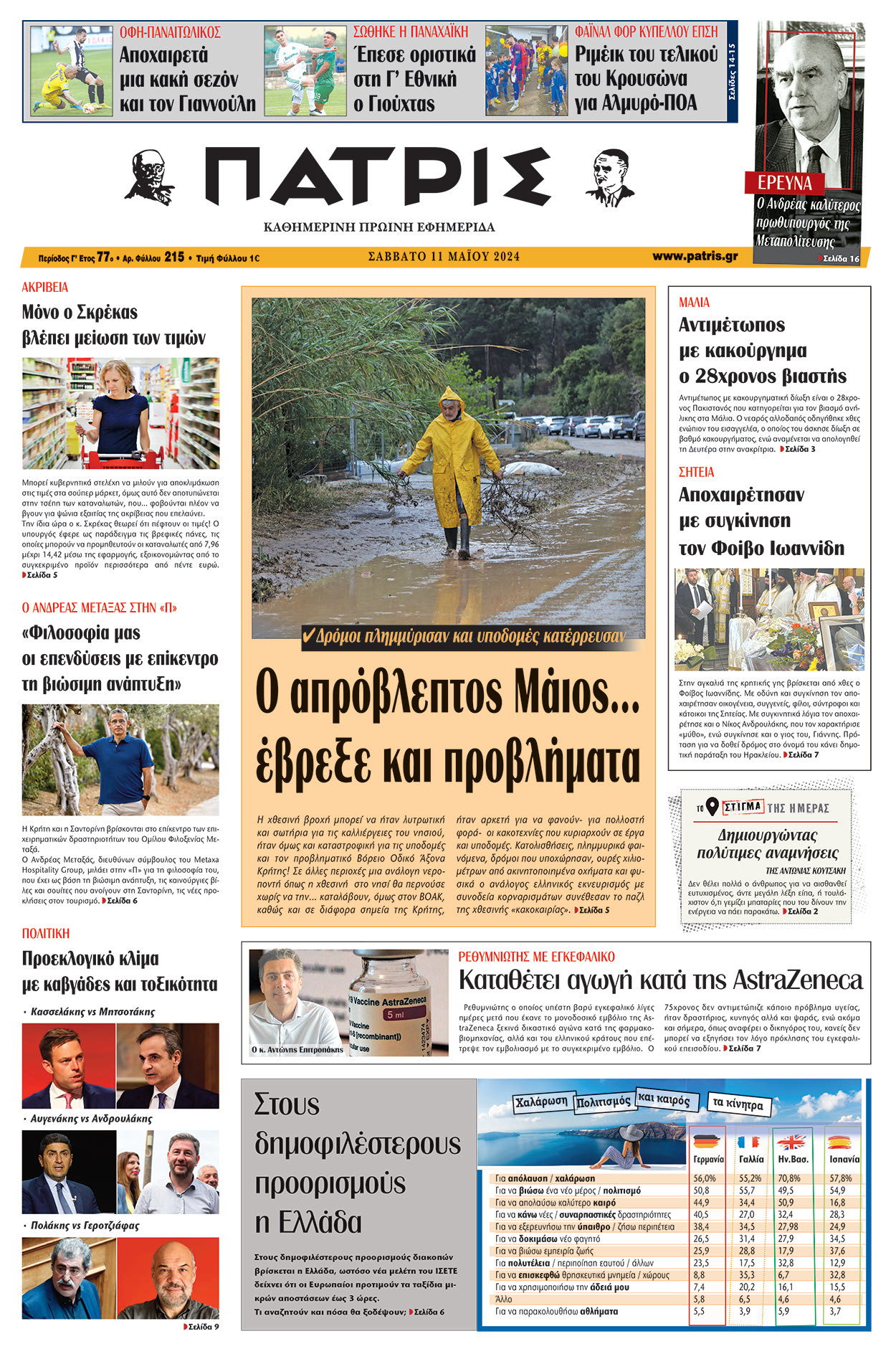 Πρωτοσέλιδο ΠΑΤΡΙΣ 11/05/2024