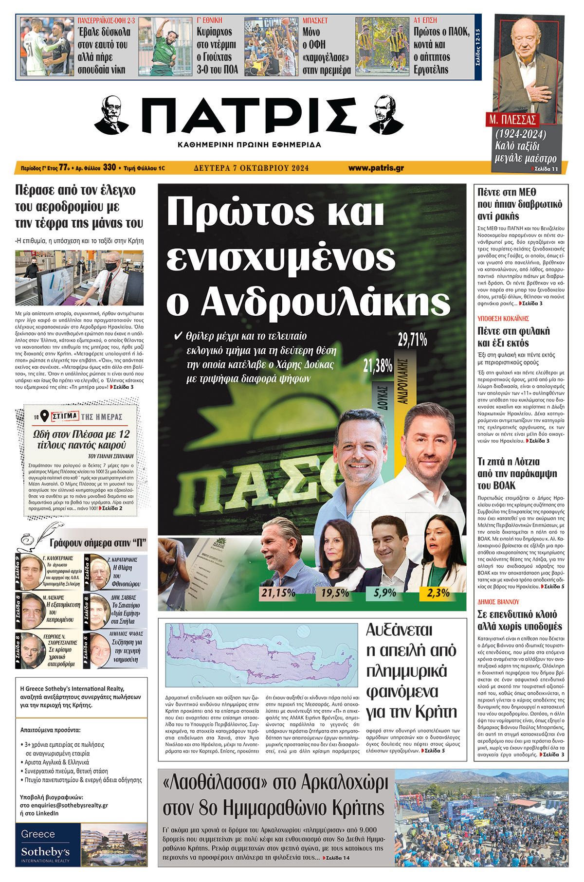 Πρωτοσέλιδο ΠΑΤΡΙΣ 07/10/2024
