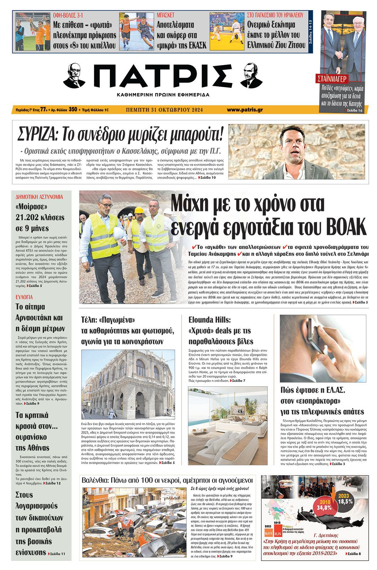Πρωτοσέλιδο ΠΑΤΡΙΣ 31/10/2024