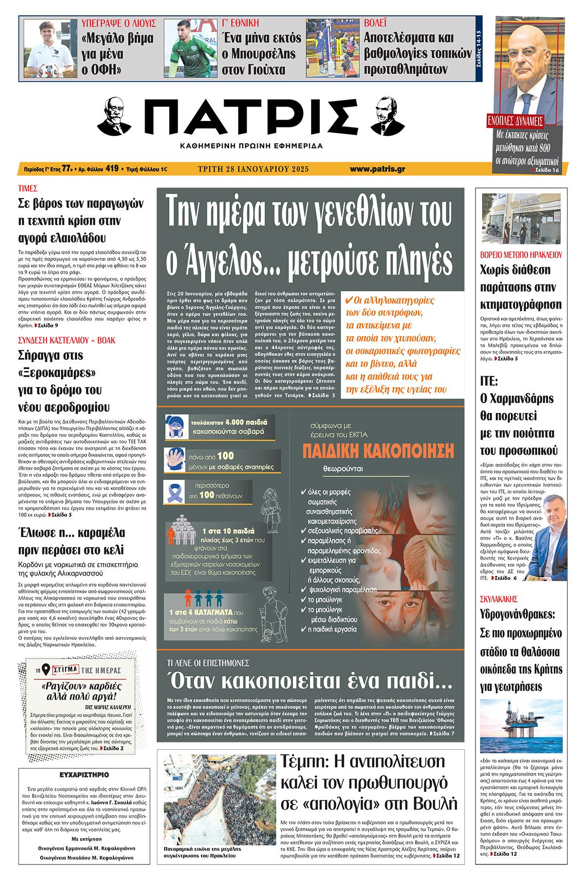 Πρωτοσέλιδο ΠΑΤΡΙΣ 28/1/2025