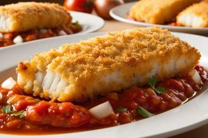 Τηγανητός μπακαλιάρος με κρεμμυδάτη σάλτσα ντομάτας