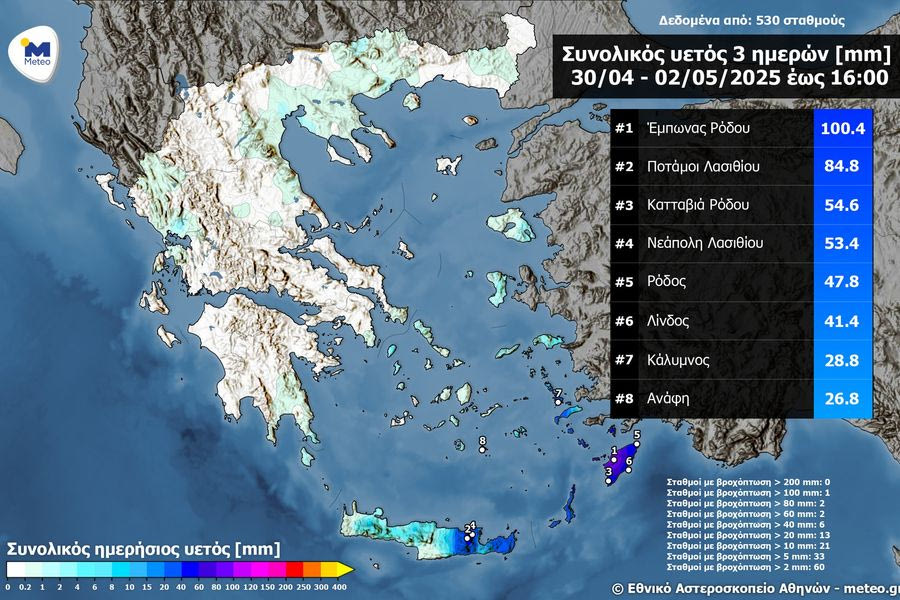 Μεγάλα ύψη βροχής σε Ρόδο και Ανατολική Κρήτη από τις 30/4 έως 2/5