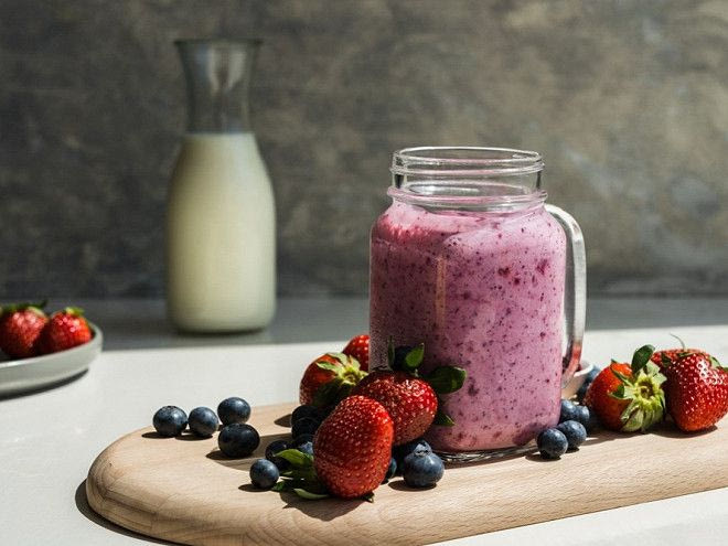 Smoothie με 3 συστατικά: κεφίρ, κόκκινα φρούτα και μπανάνα