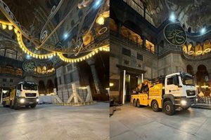 Γερανοί και φορτηγά… μέσα στην Αγία Σοφία: Εικόνες που προκαλούν ντροπή και ερωτήματα
