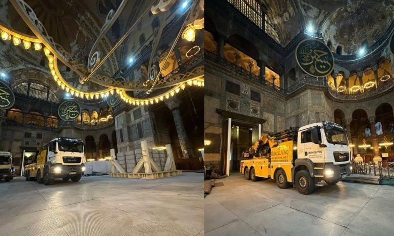 Γερανοί και φορτηγά… μέσα στην Αγία Σοφία: Εικόνες που προκαλούν ντροπή και ερωτήματα