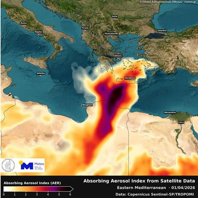 Εικόνα 1. Χάρτης του δείκτη Aerosol Index (AER) πάνω από την Ανατολική Μεσόγειο την Τετάρτη 01/04/2026 από τον δορυφόρο Sentinel-5P. 