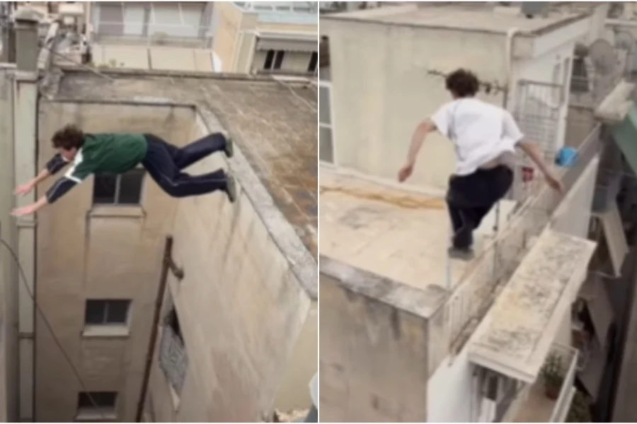 Γάλλος παρκουρίστας κάνει επικίνδυνα άλματα σε ταράτσες της Αθήνας και γίνεται viral, δείτε βίντεο