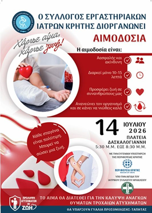 Εθελοντική αιμοδοσία στις 14 Ιουλίου στην Πλατεία Δασκαλογιάννη
